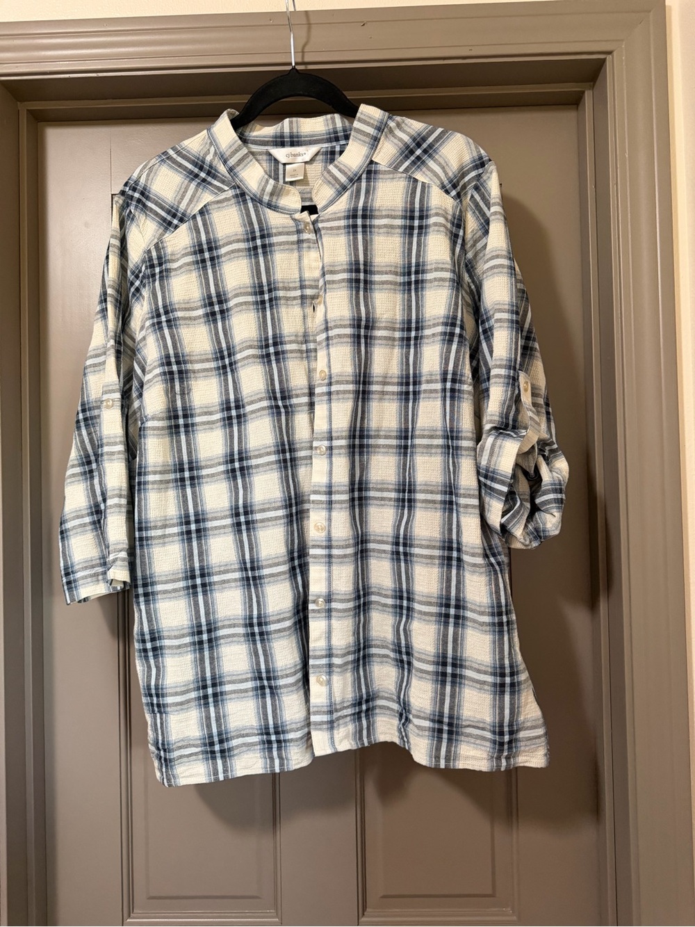 CJ Banks Ivory and Blue Plaid Button-Down Shirt PLUS SIZE 2x